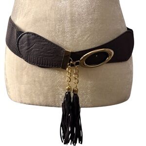 Black Faux-Leather Tassel Waist Belt with Gold Oval Accent sz Lg 30-32